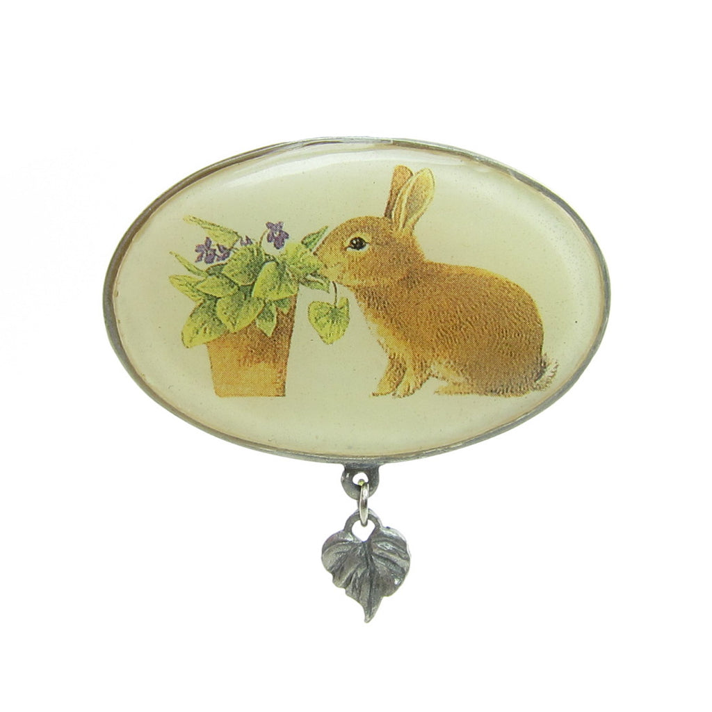 Marjolein Bastin Bunny Rabbit with Violets Hallmark Lapel Pin with Leaf Charm