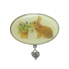Marjolein Bastin pin with bunny rabbit, violets, and leaf charm
