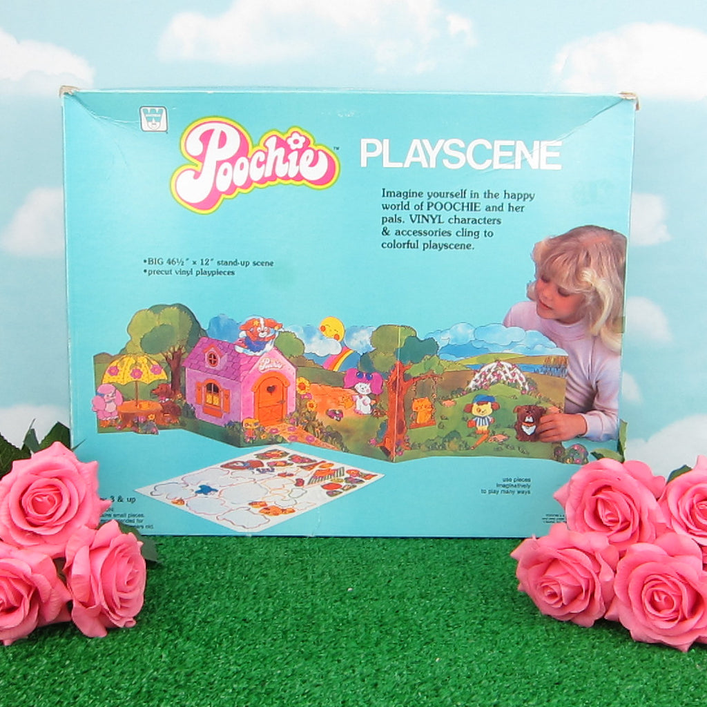 Poochie Playscene with Backdrop & Vinyl Pieces Vintage 1983 Poochie, Fastball, Lickrish, Fairy Dog Mother