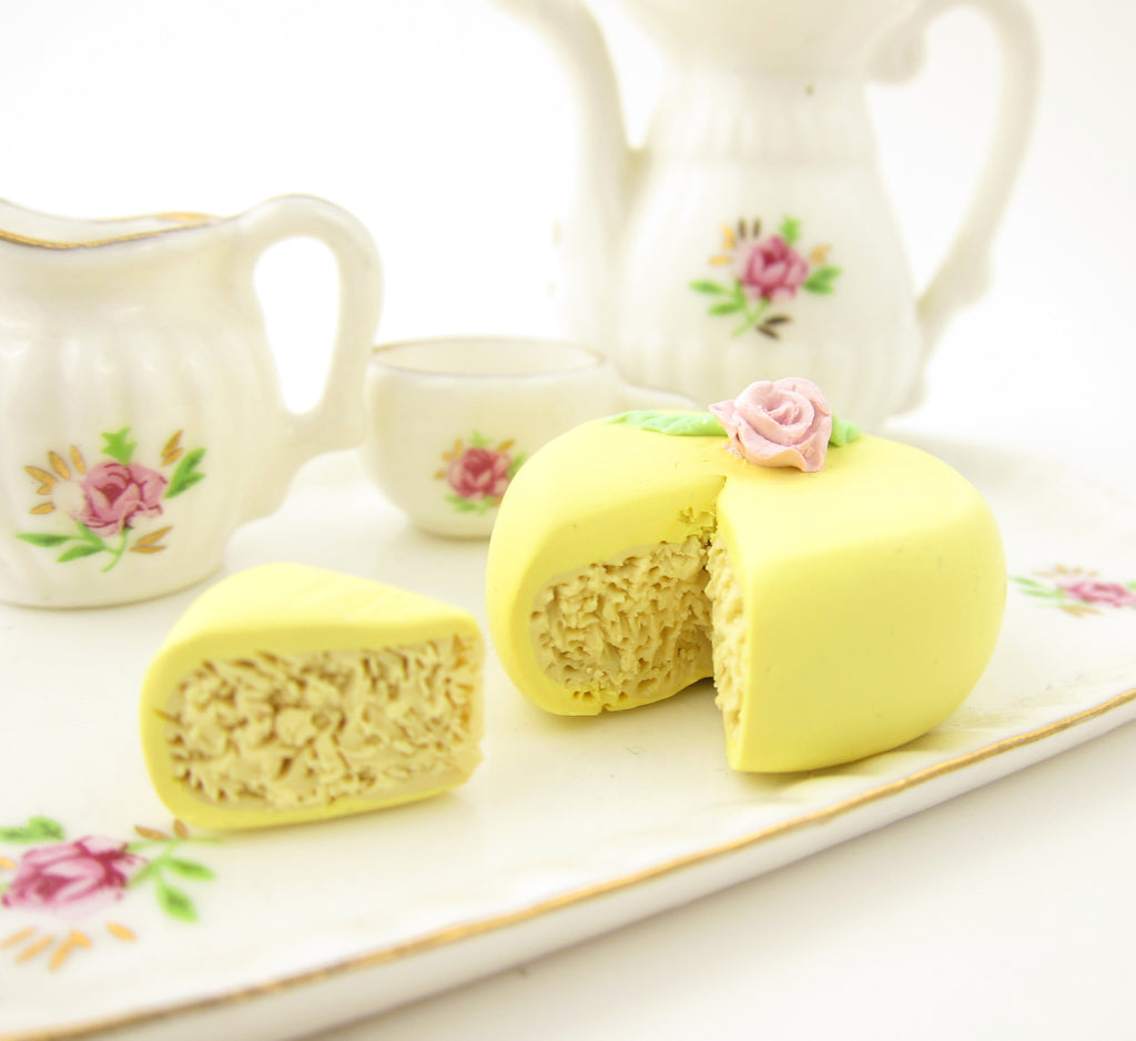 Polymer Clay Cake Yellow Miniature Dollhouse Scale with Pink Flower
