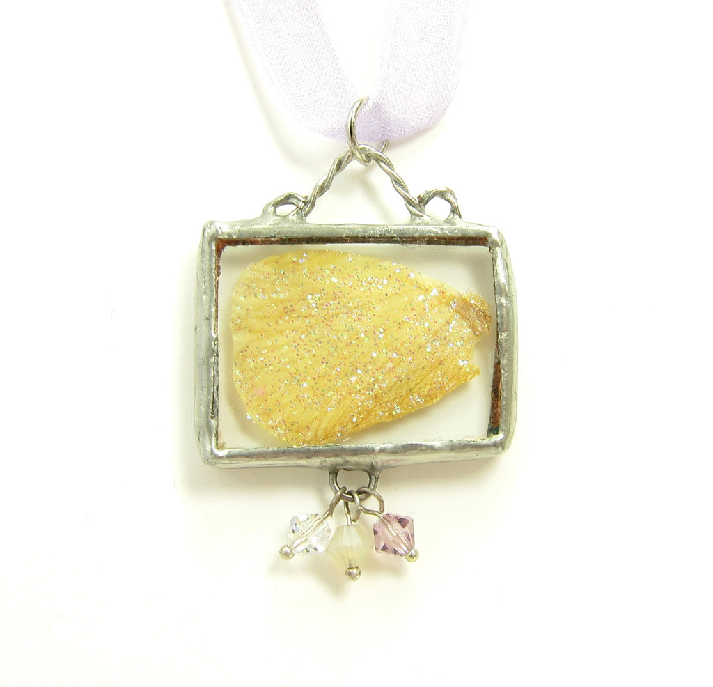 Fairy Wing Necklace - Yellow Fairy Wing with Lavender Crystals