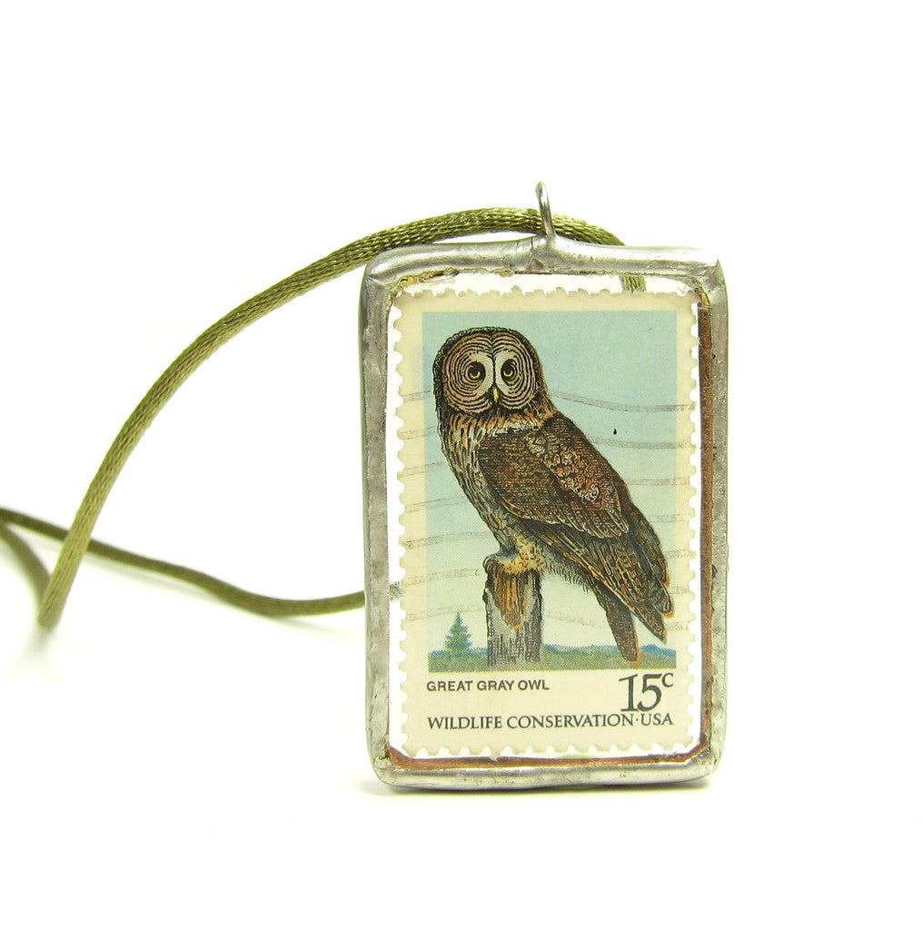 Owl Necklace Postage Stamp Soldered Pendant Great Gray & Horned Owl