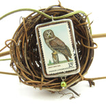 Owl Postage Stamp Soldered Pendant Necklace