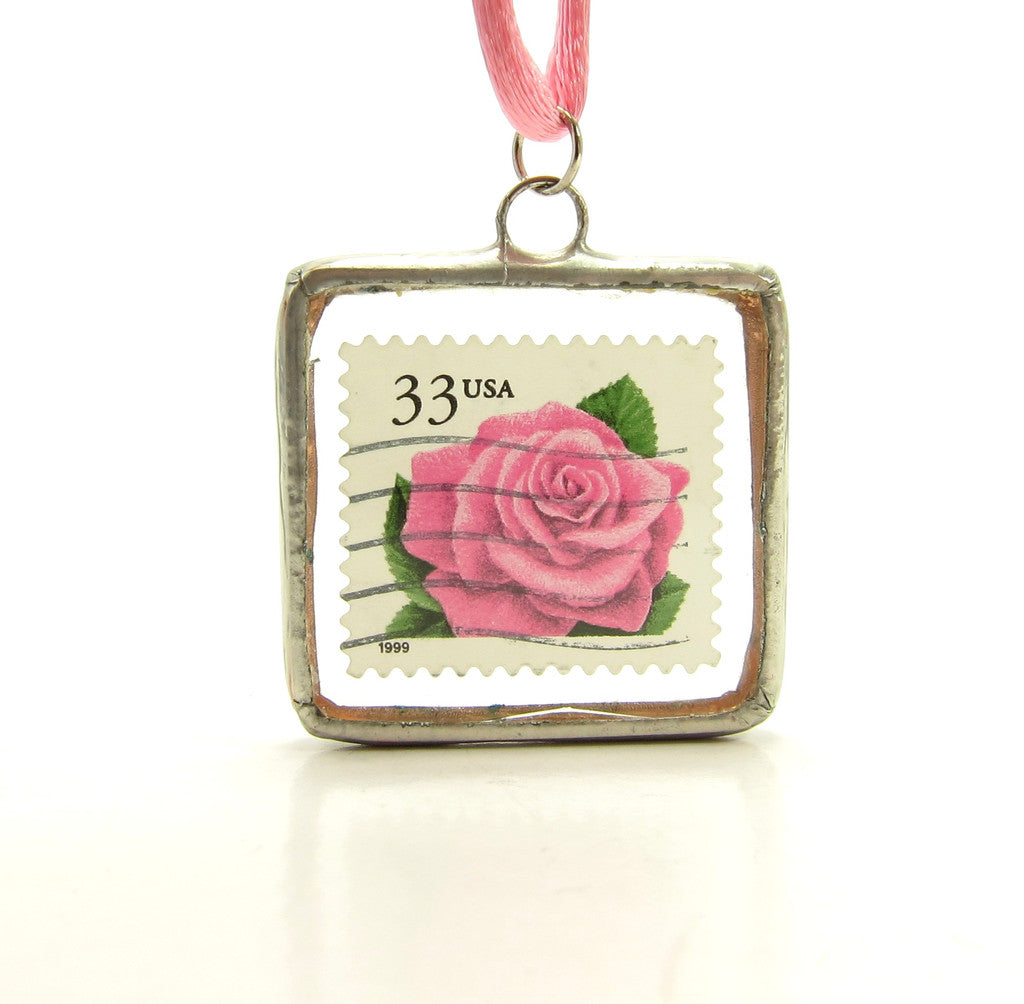 Pink Rose Postage Stamp in Soldered Glass Pendant Necklace