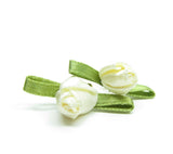 Pale Yellow Ribbon Rose Earrings with Green Leaves