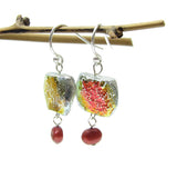 Iridescent Pillow Bead Earrings with Red Freshwater Pearls