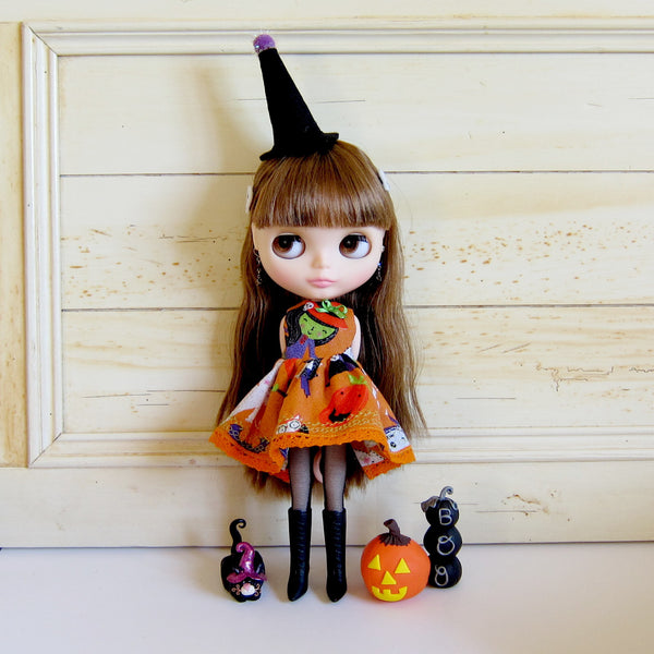 Halloween Dress for Blythe Doll Orange with Wicked Witch Brown