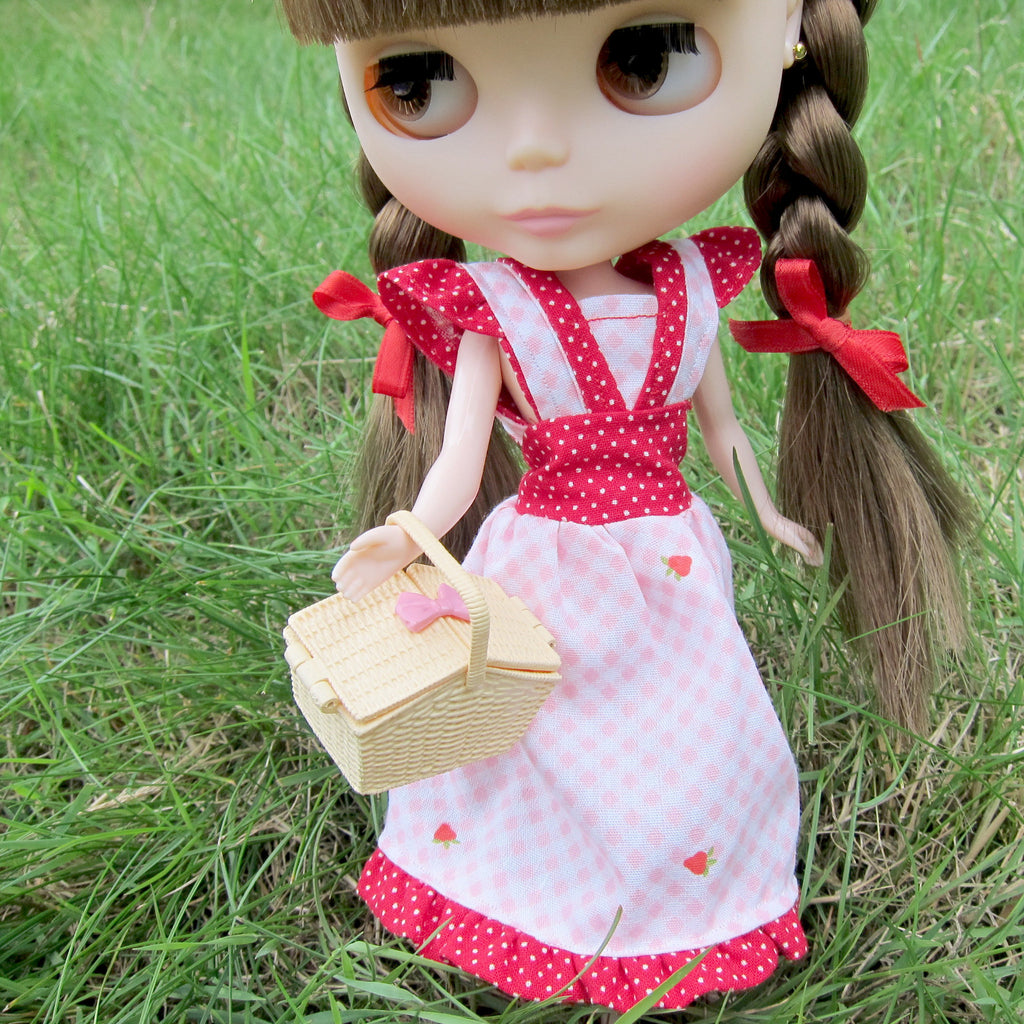 Blythe Summer Picnic Dress with Pink Gingham, Strawberries, and Red and White Polka Dots