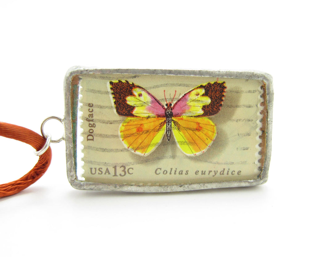 Soldered Glass Pendant with Butterfly Postage Stamps