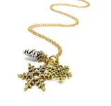Snowflake Necklace with Gold Charms and Real Pine Cone