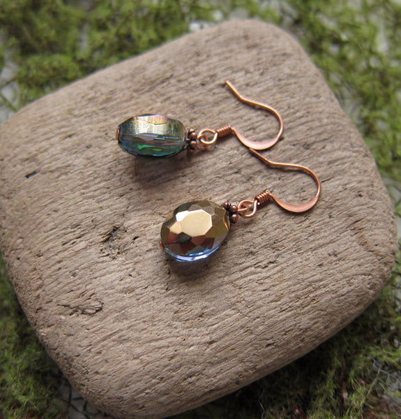 Green Crystal Earrings Faceted Moss Green & Gold on Copper