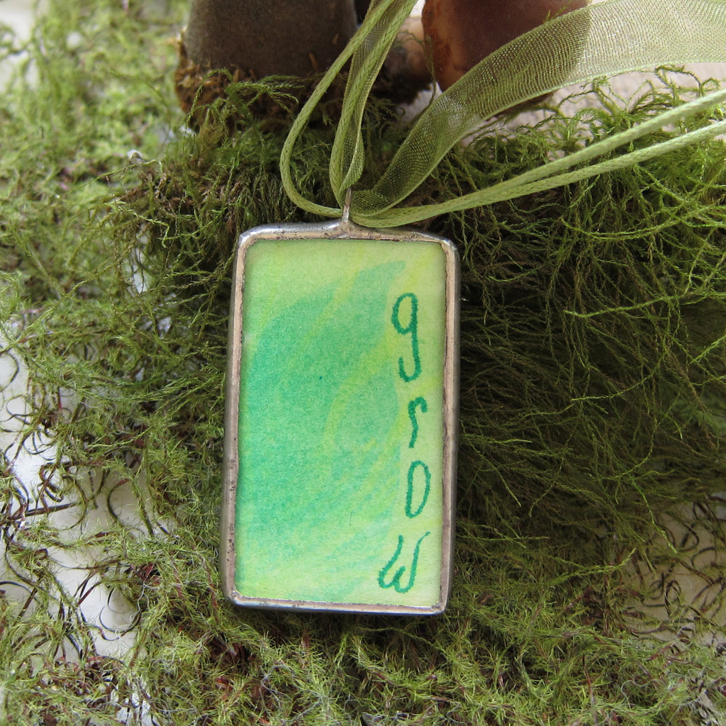 Green Grow Necklace Stained Glass Soldered Pendant with Watercolor Leaf Painting