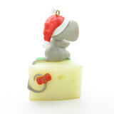 Grey mouse in Santa hat on Swiss cheese Christmas ornament