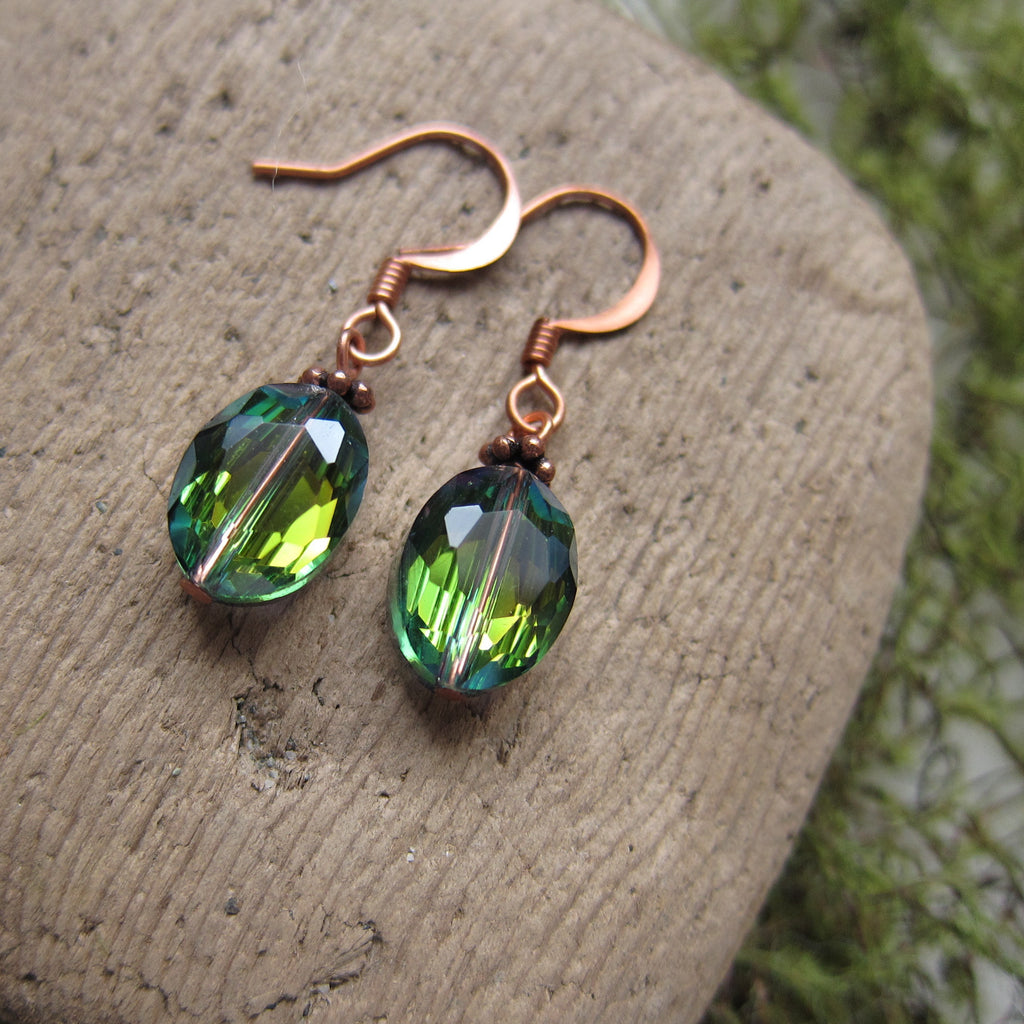 Green Crystal Earrings Faceted Moss Green & Gold on Copper Ear Wires