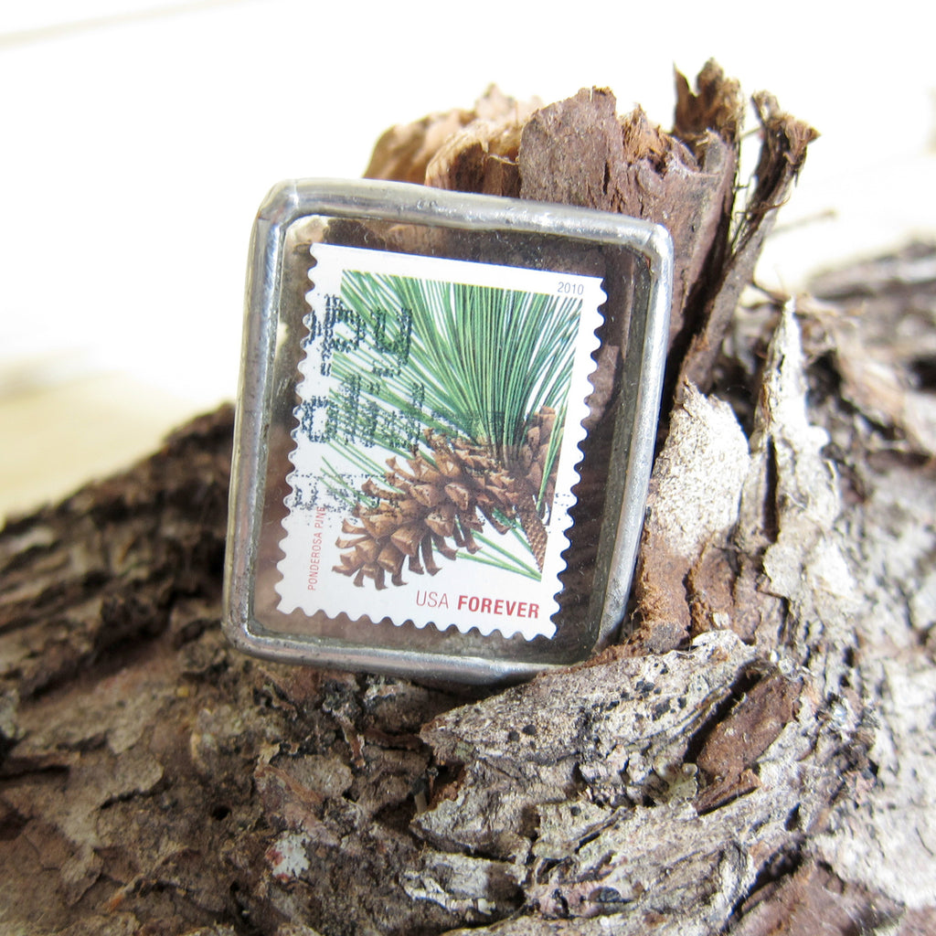 Pine Cone Brooch Soldered Glass Postage Stamp Pin