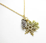 Gold Snowflake Charms and Real Miniature Pinecone on Chain