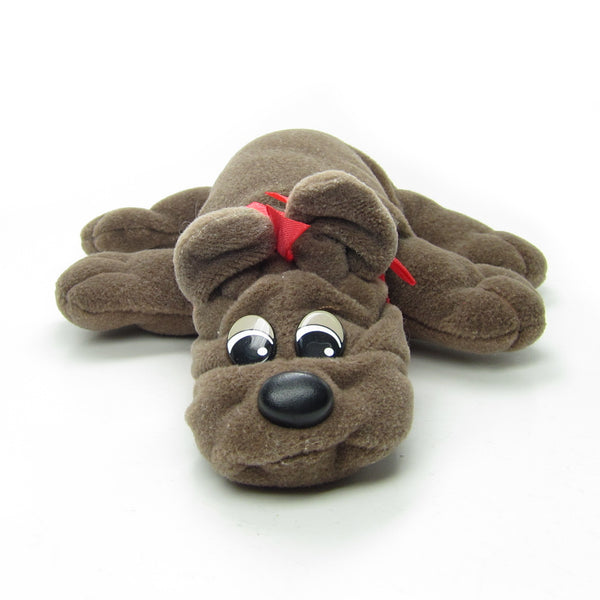 Pound Puppies Plush Toy Small Brown Puppy with Red Bow Brown
