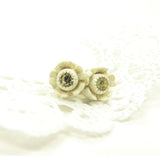 White rhinestone rose post earrings