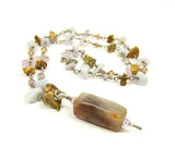 Mineral chips of jasper, blue lace agate, and amethyst are paired with Swarovski crystals for natural glamour.