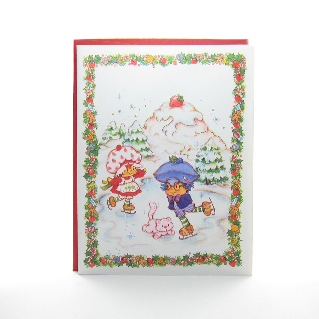 Strawberry Shortcake Holiday or Christmas Greeting Card with Plum Puddin Ice Skating