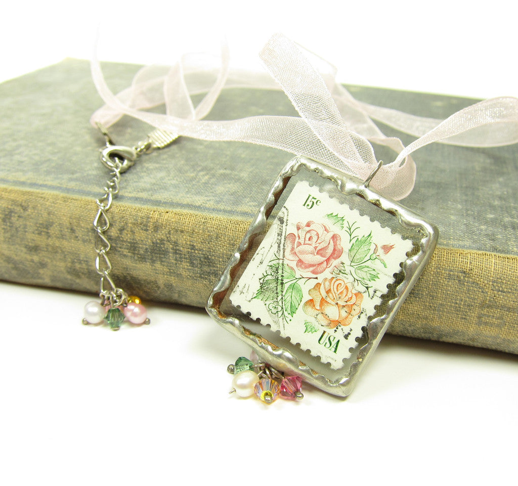 Rose Postage Stamp Necklace with Swarovski Crystals