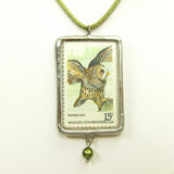 Owl Postage Stamp Soldered Pendant Necklace