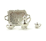 Dollhouse Tea Set Miniature Silver Teapot Sugar Creamer & Platter