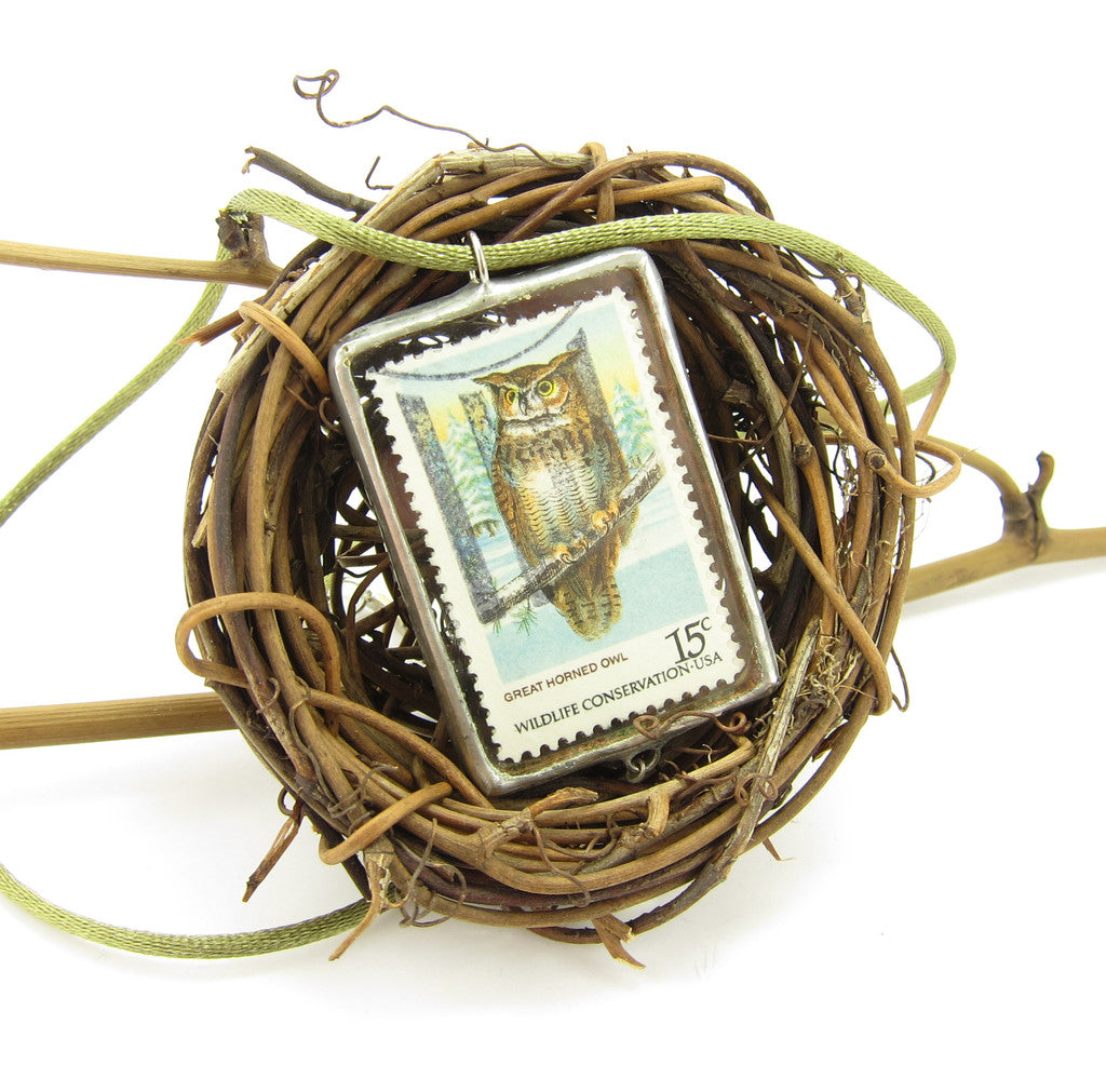 Owl Postage Stamp Soldered Pendant Necklace