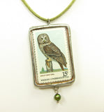 Owl Postage Stamp Soldered Pendant Necklace