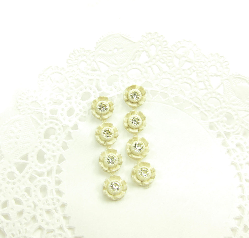 Rhinestone Rose Post Earrings with White Plastic Roses