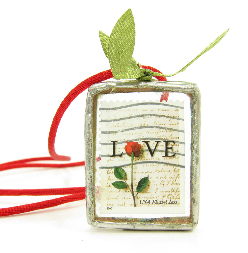 Red Rose Love Postage Stamp Soldered Pendant Necklace