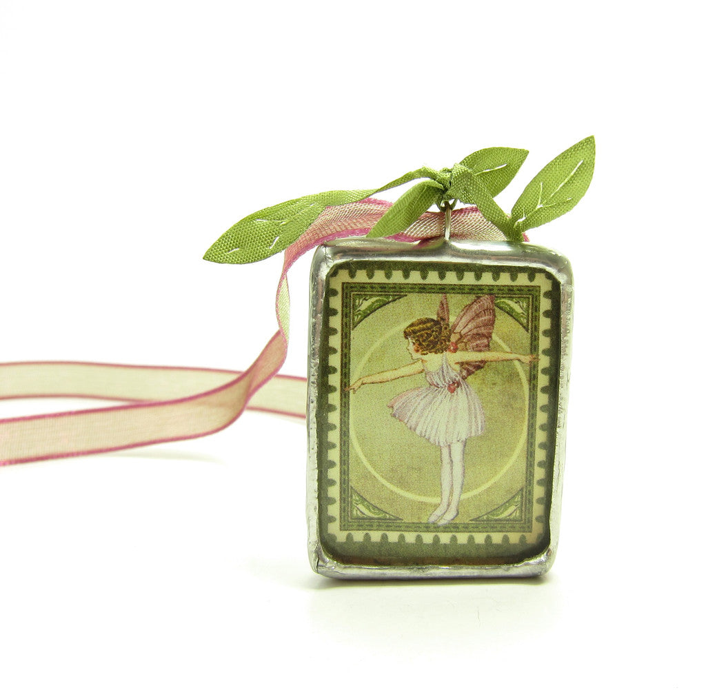 Rose Fairy Necklace Soldered Glass Pendant with Fairy Wing
