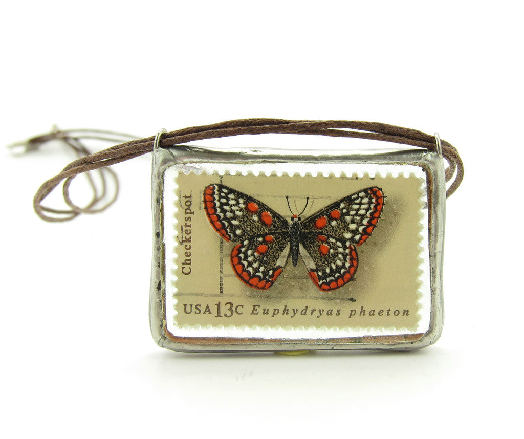 Butterfly Postage Stamp Necklace Soldered Pendant