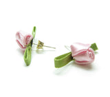 Pink Ribbon Rose Earrings with Green Leaves