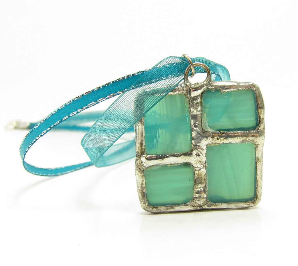 Stained Glass Square Necklace - Teal Blue, Aquamarine