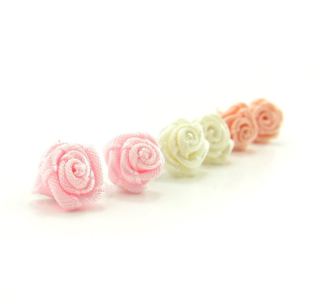 Ribbon Rose Post Earrings Pastel Girls Wedding Earrings Bridal Favors
