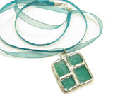 Teal Blue Stained Glass Square Necklace