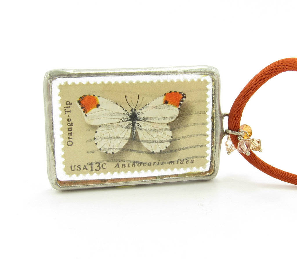 Butterfly Necklace Postage Stamp Soldered Glass Pendant