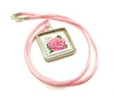 Pink Rose Postage Stamp Soldered Pendant Necklace