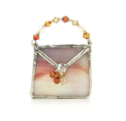 Stained Glass Purse Brooch in White, Mauve & Orange