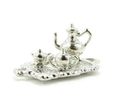 Dollhouse Tea Set Miniature Silver Teapot Sugar Creamer & Platter