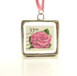 Pink Rose Postage Stamp Soldered Pendant Necklace