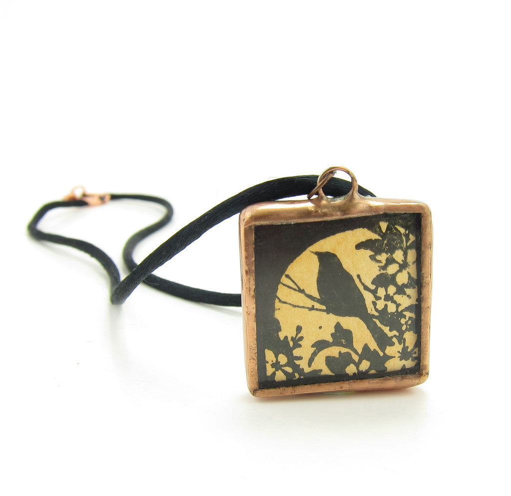 Raven Soldered Glass Pendant Necklace