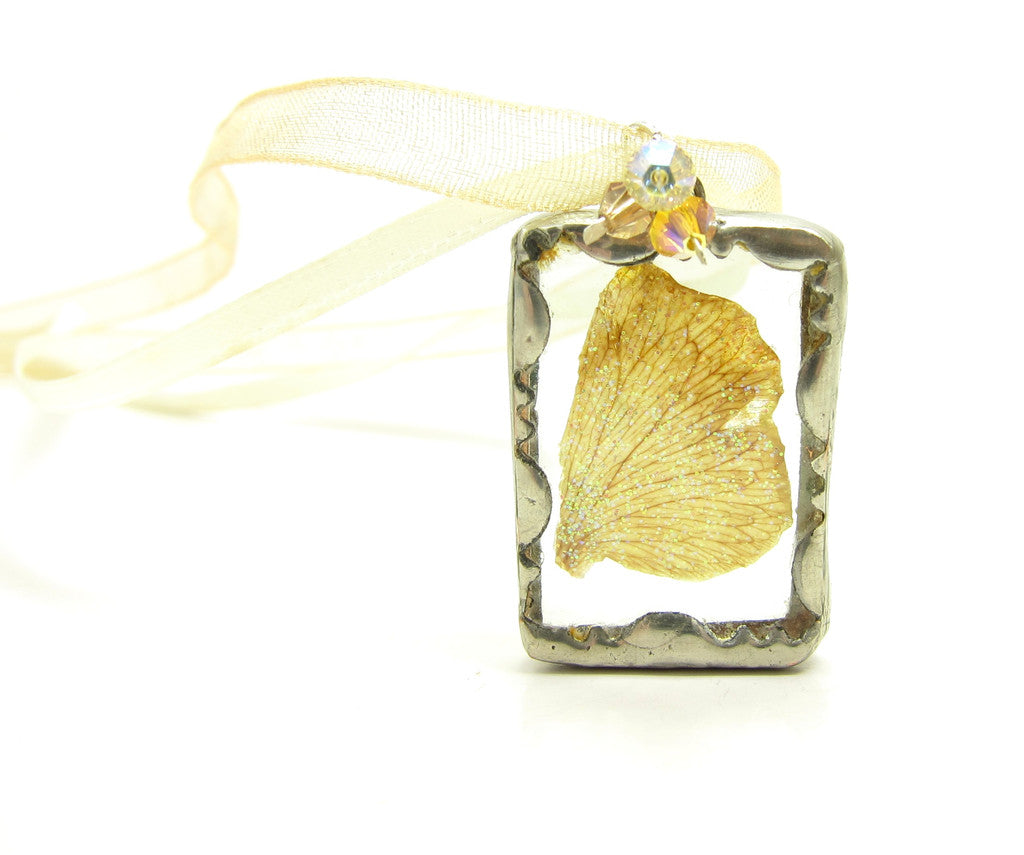 Fairy Necklace Soldered Glass Pendant with Yellow Brown Fairy Wing