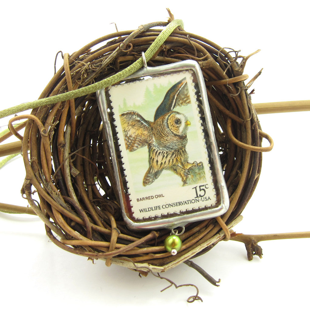 Owl Necklace Postage Stamp Soldered Pendant