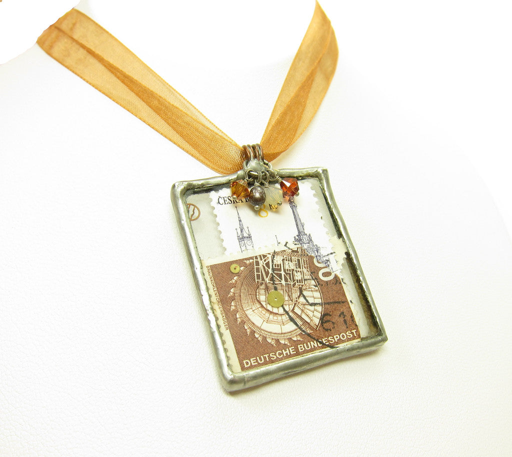 Postage Stamp Collage Necklace with German & Czech Republic Stamps
