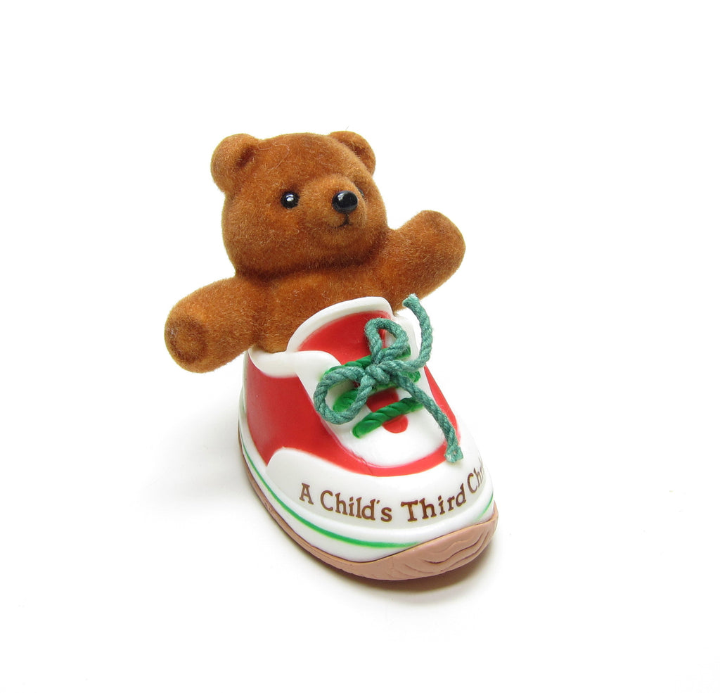 Child's Third Christmas Vintage 1985 Hallmark Teddy Bear in Shoe Keepsake Ornament