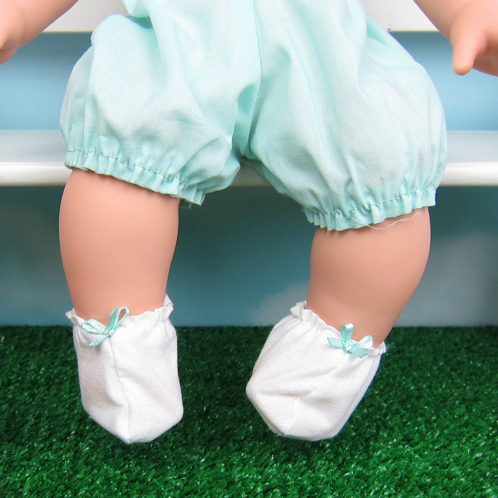 Baby Doll Booties - White with Aqua Bow