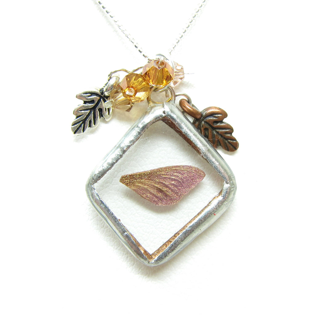 Autumn Fairy Necklace Soldered Glass Pendant with Miniature Faery Wing