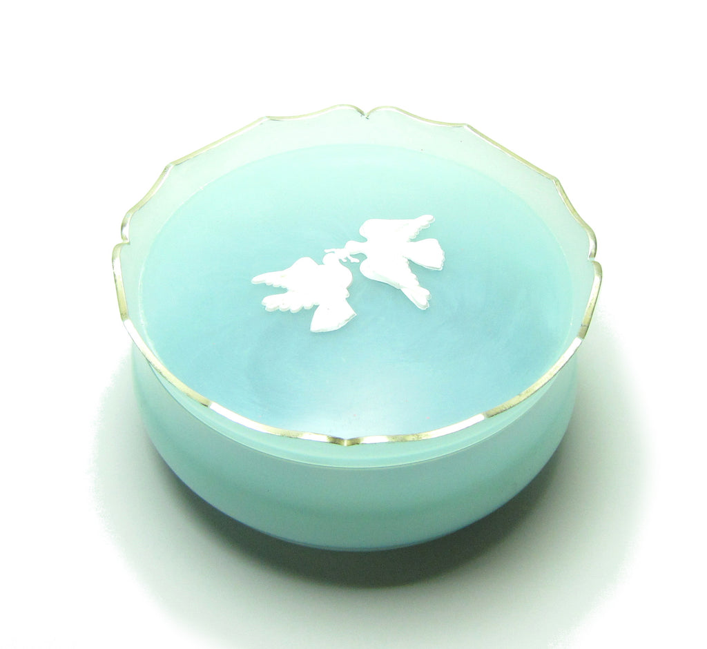 Avon Rapture Beauty Dust Powder Sky Blue Plastic Powder Container with Doves Love Birds